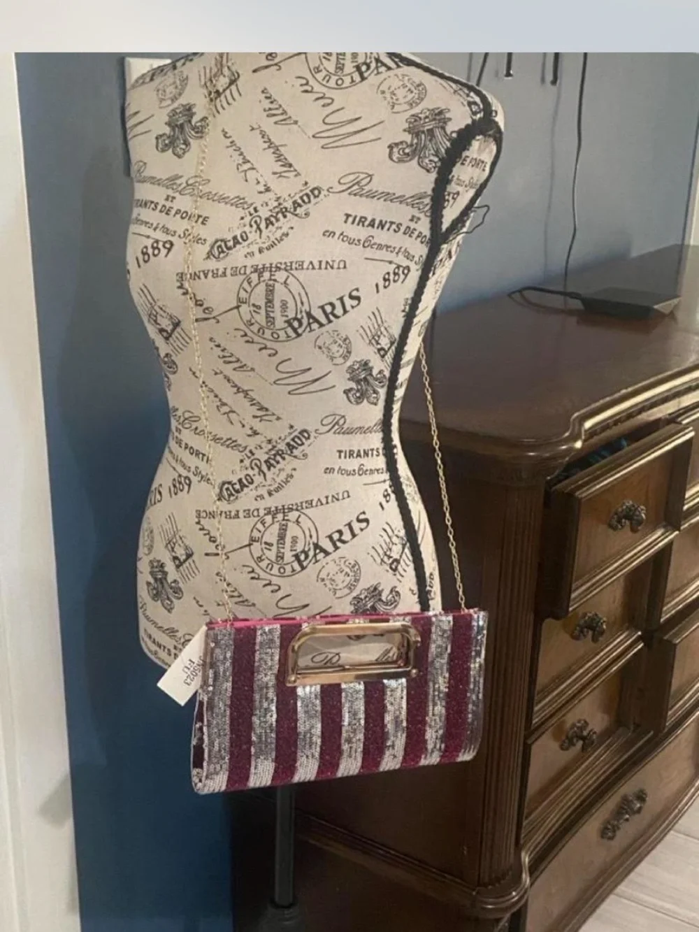 Striped Sequin Evening Clutch in Burgundy and Silver with Gold Handle
